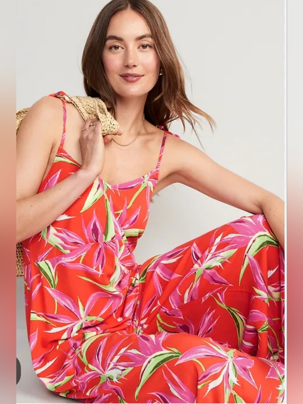 Vibrant Orange Floral Tie Strap Jumpsuit Size 2X